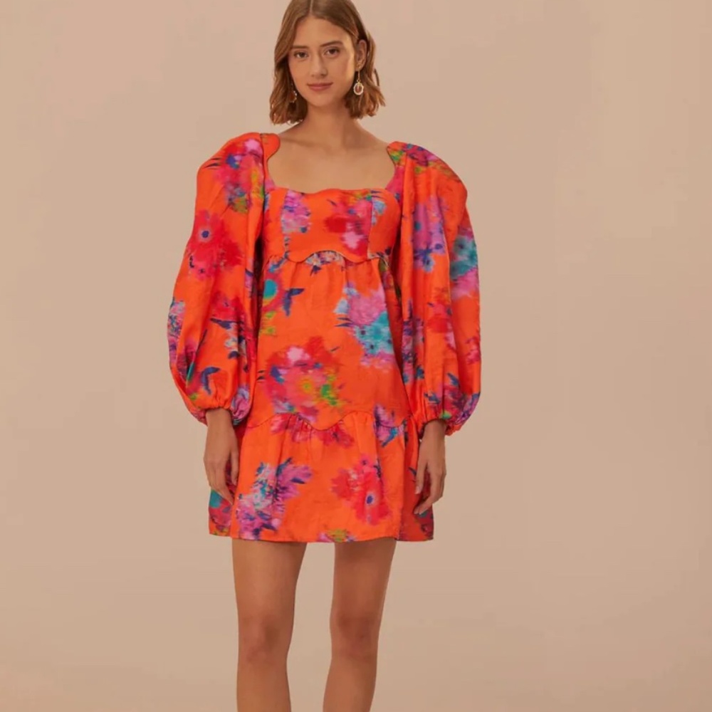 NWT Farm Rio Bouquet Ikat Orange Brocade Long Sleeve Mini Dress SIZE S/M